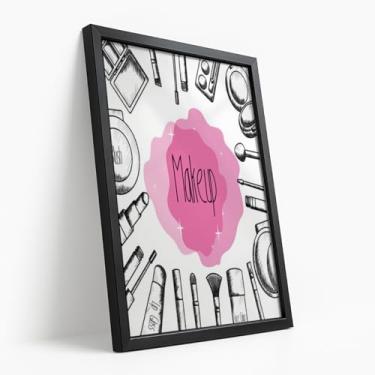 Imagem de Quadro Decorativo Makeup Rosa Ilustrado Produtos de Maquiagem Delicado Feminino Beleza Criativa Fashion Com Moldura