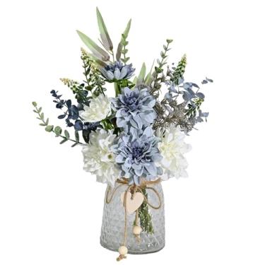 Imagem de NAWEIDA Flores artificiais com vaso, arranjo de flores de dália falsa em vaso de vidro, flores de seda azul e branca com eucalipto para decoração de mesa de jantar em casa, escritório, cozinha, mesa