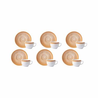 Imagem de Estojo com 6 Xícaras de Chá com Pires em Porcelana, Modelo Redondo Oca, Decoração Esfera Mostarda, Porcelana Schmidt