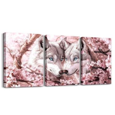 Imagem de Erosebridal Arte de parede em tela de lobo, impressões de imagens de flor de cerejeira, decoração de parede de casal de lobos de flor rosa para quarto de banho, Sakura Farm Animal Wildlife pôsteres