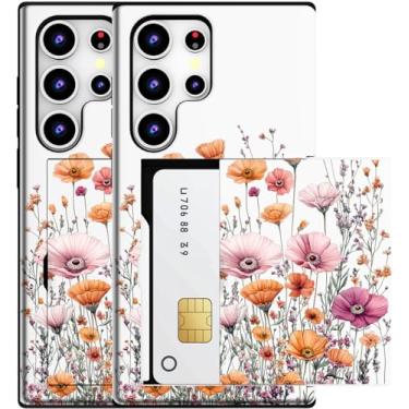 Imagem de MUQR Capa compatível com Samsung Galaxy S23 Ultra com suporte de cartão fofo - Design Kawaii, proteção contra quedas de nível militar, capa carteira robusta para mulheres (campos de flores brancas e