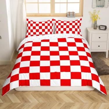 Imagem de Feelyou Jogo de cama retrô quadriculado para adolescentes e homens, vermelho, branco, xadrez, tamanho solteiro, geométrico, vintage, moderno, simples, decoração de quarto