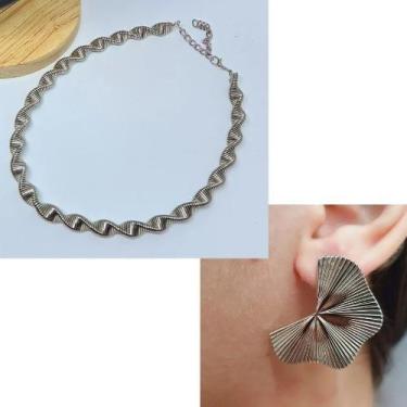 Imagem de Kit Colar e Brincos Antialérgico Feminino Choker torcido Mola elos and