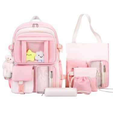 Imagem de Mochila HORHREAR Kawaii Conjunto de 5 peças para escola, linda mochila transparente com pingente de estética para meninas e meninos bolsa primária, Rosa creme, One Size, Material escolar