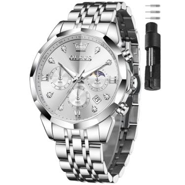 Imagem de OLEVS Relógios masculinos de aço inoxidável com cronógrafo, mostrador grande, à prova d'água, luxuoso, moderno, azul/preto/dourado/verde/prata Relojes para Hombres, Pulseira prata face prateada, Round