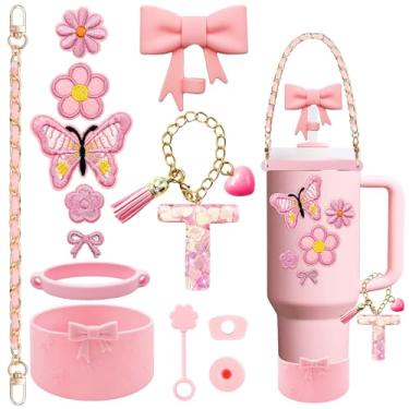 Imagem de XIANGYUAN Conjunto de acessórios de copo rosa de 14 peças para copo Stanley Cup de 850 g 1,134 g com alça, inclui alça, decoração de arco de palha, capa de palha, bota, tampas à prova de derramamento
