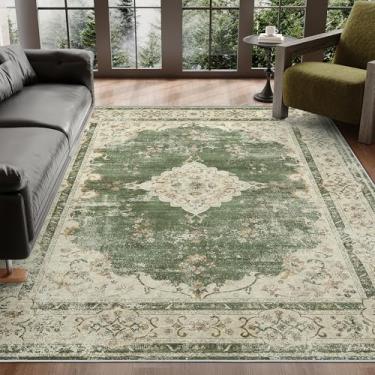 Imagem de Valenrug Tapete lavável 15 x 22 cm - Tapete de área de coleção verde ultrafino, resistente a manchas, tapetes antiderrapantes para sala de estar, tapetes de quarto boho persa (1,8 m x 2,3 m, TPR40-verde)