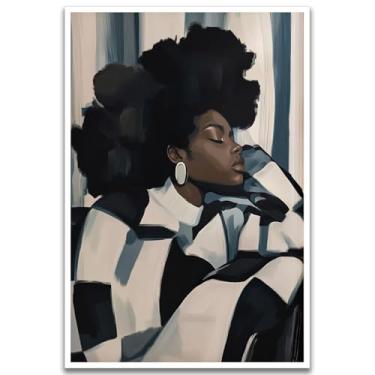Imagem de Arte de parede de mulher negra decoração de parede afro-americana abstrata menina negra pôster contemplativo retrato de mulher afro, impressão de pintura feminina, pôster de energia para quarto, sala