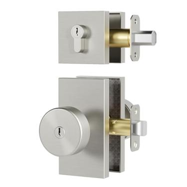 Imagem de Newlaking Maçaneta externa de níquel escovado com conjunto de fechadura - Fechadura de porta frontal de liga de zinco resistente com entrada semelhante à chave, design quadrado, fácil instalação