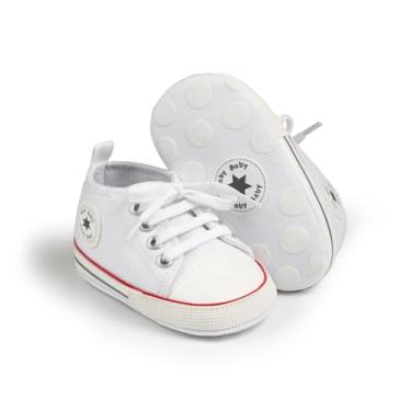 Imagem de KIDSUN Tênis unissex de lona para bebês meninos e meninas, sola macia, cadarço e tornozelo para recém-nascidos, A0_branco, 3-6 Meses