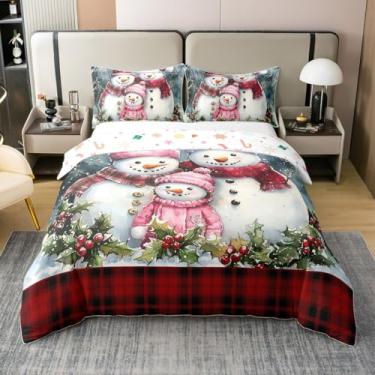 Imagem de Conjunto de capa de edredom Queen 100% algodão puro boneco de neve de Natal para crianças, meninos, fofo, boneco de neve, família, verde, pinheiro, preto, xadrez, capa de edredom com 2 fronhas, não