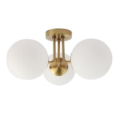Imagem de Pirxxiy Luminária de teto de latão com 3 luzes de montagem semiembutida, abajur de vidro fosco vintage perto do teto, luminária de montagem embutida moderna para quarto, luminária de teto Sputnik