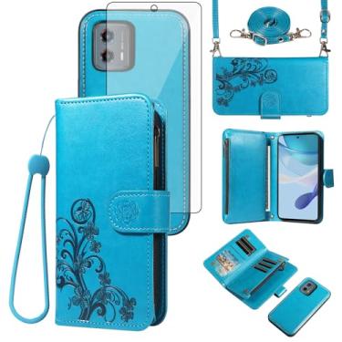 Imagem de Asuwish Capa de celular para Motorola Moto G 5G 2023 com zíper carteira magnética destacável com protetor de tela de vidro temperado, alça transversal, suporte de cartão de flores G5G 5 G G5 mulheres