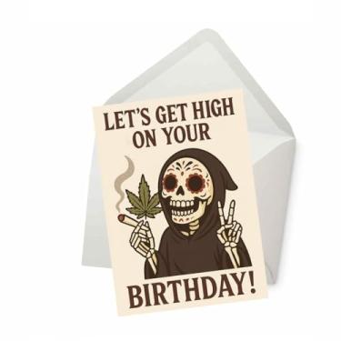 Imagem de PICTURE THIS PRINTS Let's Get High On Your Birthday Skeleton Cartão comemorativo, cartão engraçado de cannabis, desejos de aniversário de maconha, vem com envelope (12,7 x 17,8 cm)