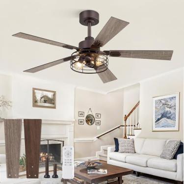 Imagem de 1 pacote com 48 ventiladores de teto com luzes, ventiladores de teto industriais enjaulados para quarto, sala de estar, 5 lâminas dupla face, ventilador de teto rústico - bronze óleo