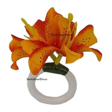 Imagem de KIT 04 Argola Porta Guardanapo Anel Flor de Lírio Laranja Floral Mesa 