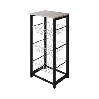 Imagem de Fruteira De Chão Cozinha Desmontada Aço Preto Cesto Branco Tampo Branc