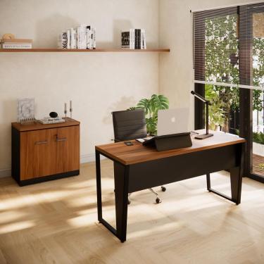 Imagem de Conjunto Escritório Office Escrivaninha e Armário Baixo 2 Portas com Chave Cor Marrom/Preto - Yaris