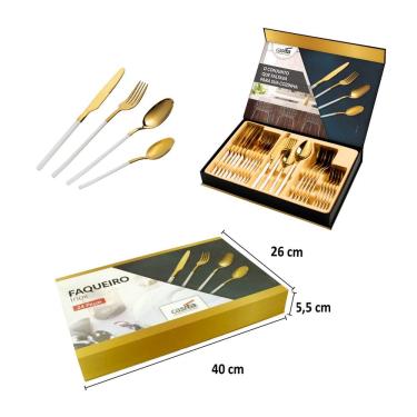 Imagem de Faqueiro Talher Dourado Cabo Branco Luxo com Maleta Litografada Presente Casamento