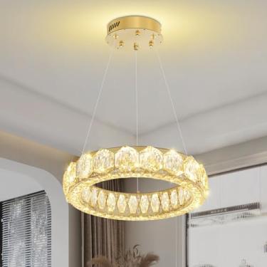 Imagem de WOSOHYUN Lustre de cristal moderno de 40,6 cm Lustres dourados luxuosos para sala de jantar luminária pendente suspensa redonda para sala de estar cozinha entrada quarto
