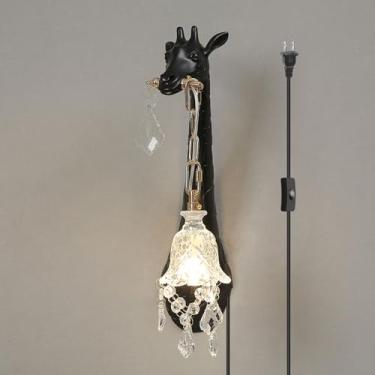 Imagem de LAZHUG Lâmpada de parede girafa, lâmpada de girafa de resina com sombra de cristal, luz de montagem de parede LED criativa, lâmpada de animal luzes de parede para sala de estar, arandelas de parede
