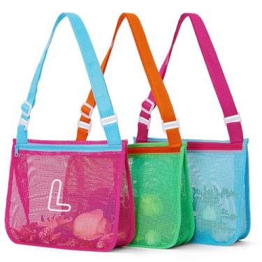Imagem de 3 unidades de bolsas de concha impressas em alfabeto, leves e dobráveis para brinquedos de praia com alças ajustáveis, impermeáveis e portáteis para itens essenciais de piscina e praia-G