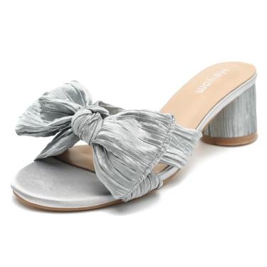 Imagem de Heiyom Sandália feminina com laço, salto baixo, grosso, salto alto, plissado, salto alto, vestido de festa de casamento, Prata, 36