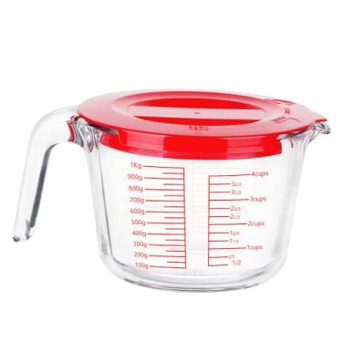 Imagem de Conjunto de copos medidores de vidro, 3 peças de copos medidores de vidro com tampas, jarros de medição de 4 xícaras com alça, copos medidores de líquidos, tigela de mistura de cozinha, transparente