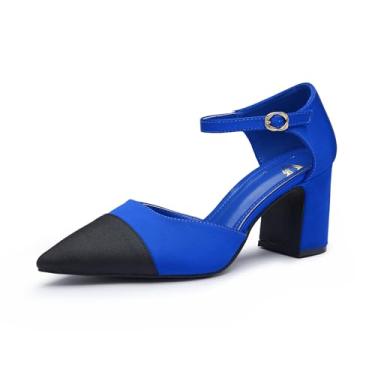 Imagem de Viloporlor Sapato social feminino de salto grosso, bico fino, bico fino, tira no tornozelo, 7,5 cm para escritório, casamento e festa, Azul royal e preto, 41
