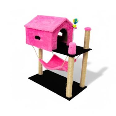 Imagem de Casinha para Gatos com Arranhador Integrado 84cm - Refúgio Aconchegante + 3 Postes de Sisal - Rede de Pelúcia e Brinquedos Inclusos - Kit Completo (Pink)