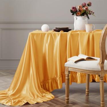 Imagem de Vonty Toalha de mesa de cetim dourada com babados, 152 x 304,8 cm, toalha de mesa sedosa, retangular, recortada, capa de mesa de fazenda, toalhas de mesa de seda, saia vintage para cozinha e jantar