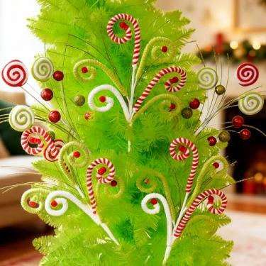 Imagem de 5 palhetas e sprays de árvore de Natal Candyland, enfeite de árvore de bengala doce, enfeites de Natal vermelho, verde e branco com glitter, pirulito e palitos de doces para decoração de festa de