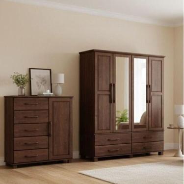 Imagem de Conjunto Guarda Roupa 4 Portas + Cômoda 5 Gavetas 100% Madeira Maciça 