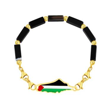 Imagem de Vivaday Pulseira de corrente de pedra com bandeira palestina | Pulseira Orgulho da Palestina | Pulseira artesanal com símbolo da paz | Joias da cultura do Oriente Médio YA6030, Medium, Metal, Sem