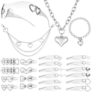 Imagem de Tondiamo Conjunto de 24 peças de acessórios Y2k incluído coração Y2k pingente de prata colar pulseira Y2k óculos de sol prata Y2k clipes de cabelo chaveiro calças hip hop corrente punk conjunto de