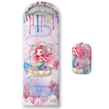 Imagem de HOSIMA Sacos de dormir de sereia para meninas, sereia sentada em concha cercada por corais e peixes, saco de dormir leve com tema de oceano animal para adultos e crianças, caminhadas, atividades ao ar