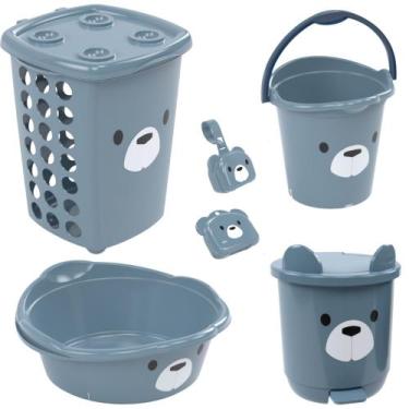 Imagem de Kit cesto de roupa de bebê decorada plasutil 6 peças + bacia + lixeira