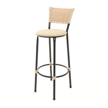 Imagem de Banqueta Tricô Náutico BEGE Alta Bancada Balcão Cozinha Area de Lazer 