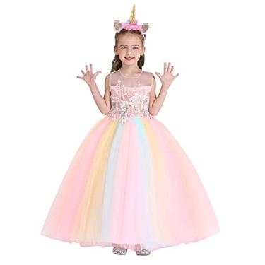 Imagem de IZKIZF Fantasia de unicórnio arco-íris meninas festa de aniversário maxi vestido longo de tule Halloween carnaval cosplay vestido extravagante com faixa de cabeça 8-9T