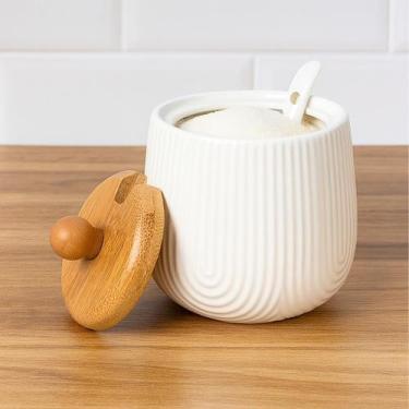 Imagem de Pote de Açúcar Cerâmica Oasis 330ml  Tampa de Bambu e Colher Inclusa -