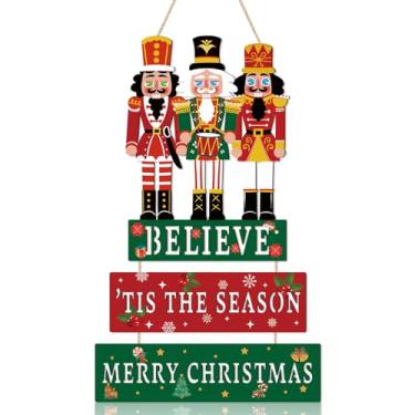 Imagem de TOARTi Placa para pendurar na porta da frente do quebra-nozes Feliz Natal 3D (47 x 29 cm), placa de parede vintage rústica de Natal, decoração de parede verde vermelha para presente de inauguração de