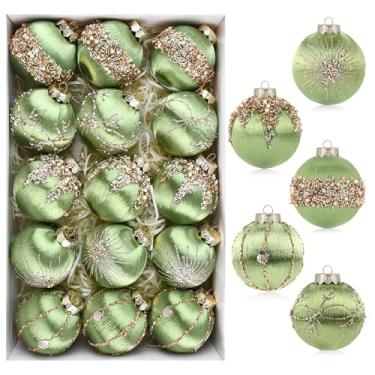 Imagem de Bolas de Natal Enfeites verde-limão - Pacote com 15 enfeites de cetim para decoração de árvore de Natal - Lâmpadas de seda inquebráveis de luxo 80 mm 8 cm