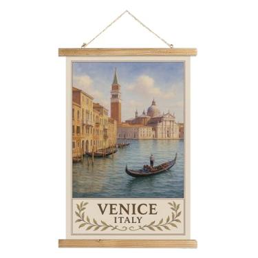 Imagem de XIAOAIKA Pôster de arte de parede de Veneza Itália, impressão vintage de viagem com gôndola no Grande Canal com arquitetura histórica, pergaminho pendurado em tela de linho com moldura de madeira