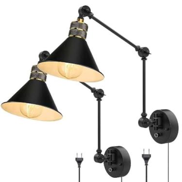 Imagem de Luminária de parede com braço giratório, regulável com interruptor, luminária de parede vintage interna com plugue e cabo E27, luminária de cabeceira de braço longo ajustável, abajur retrô i