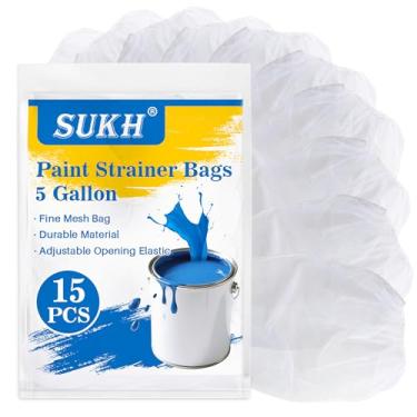 Imagem de Sukh Sacos de filtro de tinta, 15 galões - balde de filtro de tinta 15 peças com cordão elástico abertura superior filtro de malha de nylon branco saco de malha fina para pintura de jardinagem
