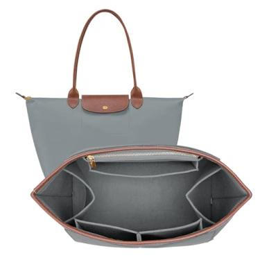 Imagem de DOIAPUOS Bolsa organizadora de feltro para bolsa Longchamp Le Pliage M, bolsa de mão com borda de couro, inserção organizadora Longchamp (cinza claro, médio)