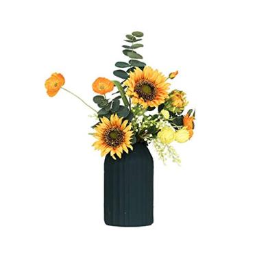 Imagem de Conjunto de flores artificiais em vaso de girassol buquê de flores artificiais amarelas decoração de mesa de casamento decoração de casa planta artificial arranjo de flores (cor: A)