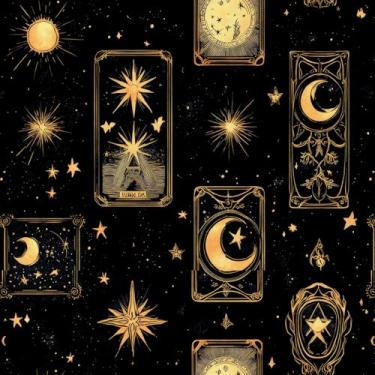 Imagem de ReWallpaper Papel de parede celestial Moon Tarot Peel and Stick preto e dourado céu estrelado papel de parede para quarto 44,5 cm x 3 m