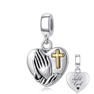 Imagem de LuxglitterLin Pingente de coração com mãos em oração e cruz de ouro gravada escritura 1 João 3:1 pingente de contas religiosas compatível com pulseiras Pandora