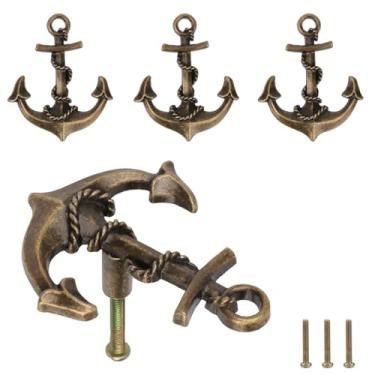 Imagem de Brosay Puxadores de gaveta de âncora de armário de cozinha puxadores de gaveta costeira temáticos de praia náutica para móveis guarda-roupa armário decorativo alças de furo único 4 peças (cobre)